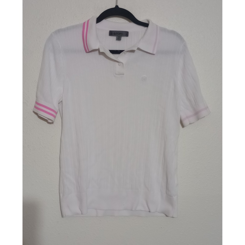 G/FORE Womens White Ribbed Knit Polo Sweater Pink Striped Trim XL